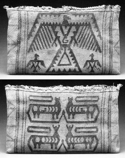 Odawa woven bag from about 1870 featuring a family of Thunderers on one side and a family of Mishibizhiwag on the other. The adult Thunderer contains a swirling (= whirlpool) motif in its body, below its heart, while the Mishibizhiwag contain hourglass motifs in front of their hindquarters.